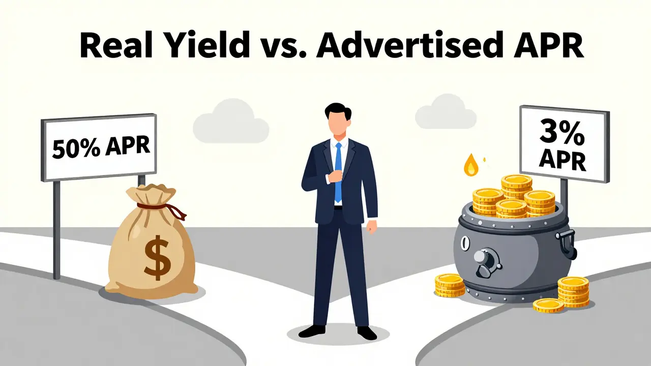 Cartoon illustrating real yield versus advertised APR in staking