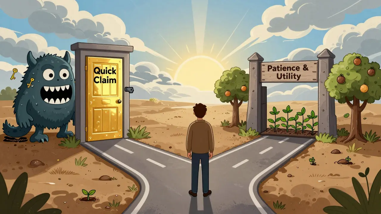 Cartoon showing a choice between a risky quick claim path and a patient utility-based path.