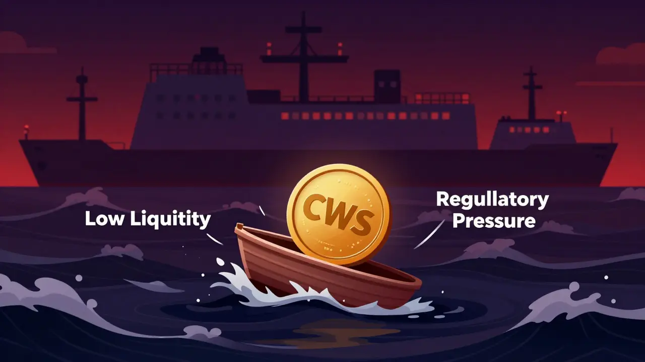 Cartoon showing CWS token boat struggling in risky market waves