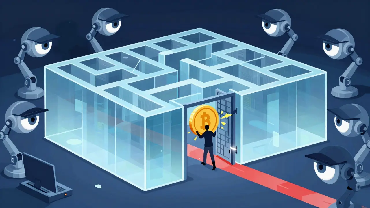 Cartoon showing digital surveillance blocking crypto transfers in a maze