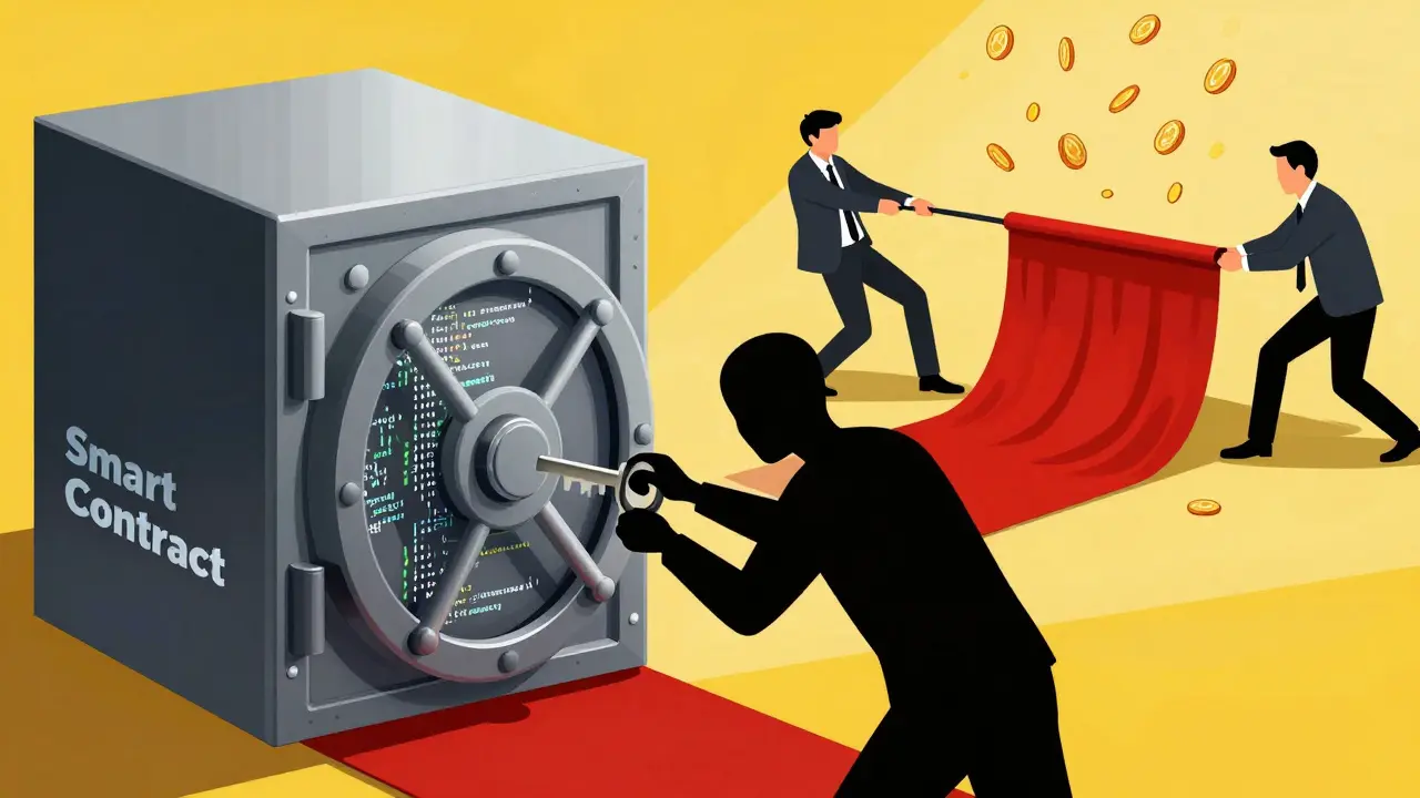 Cartoon showing hackers exploiting smart contracts and rug pulls
