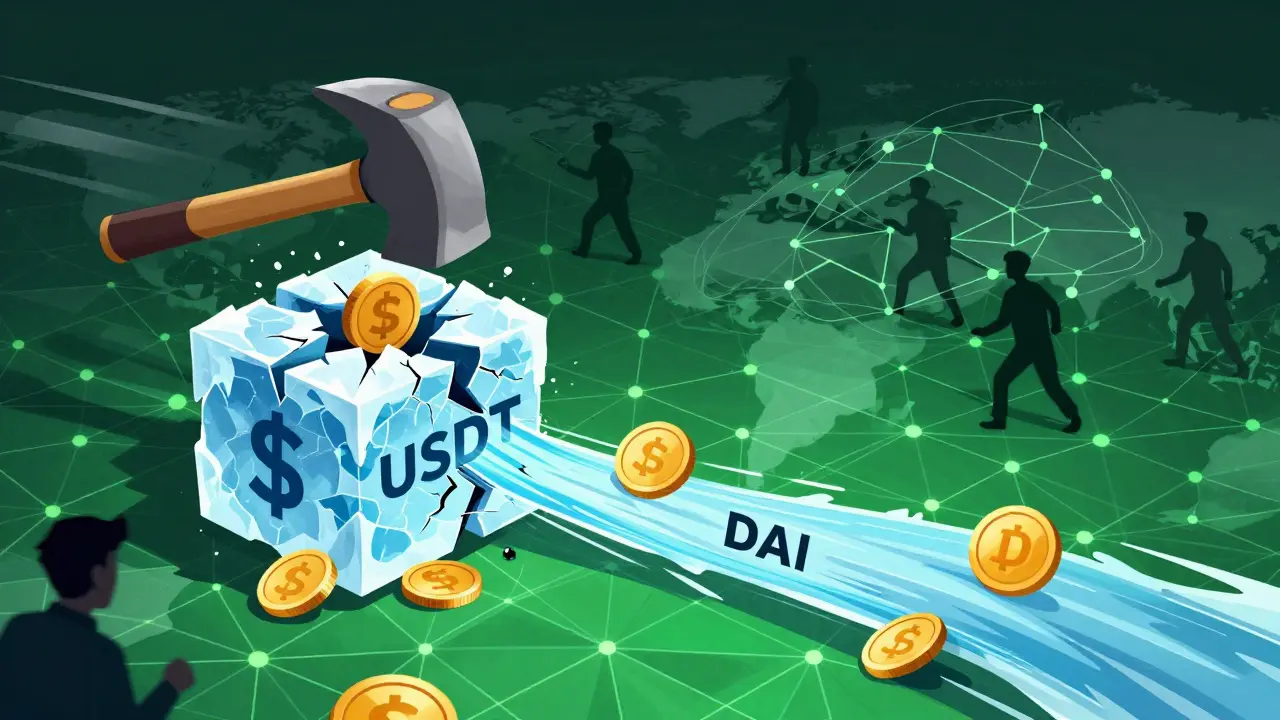 Cartoon showing the shift from frozen USDT to decentralized DAI on Polygon, with IRGC evasion networks in background.
