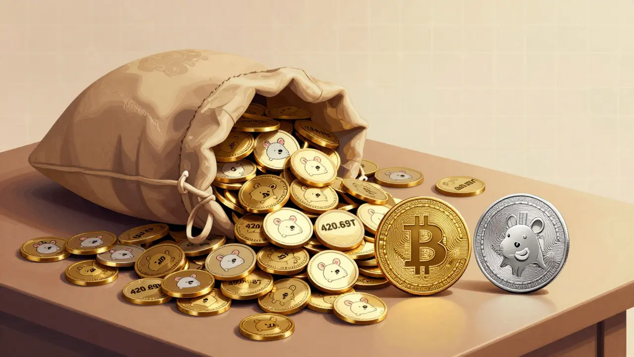 Conceptual art comparing massive pile of cheap HOODRAT tokens to rare Bitcoin and Dogecoin coins.