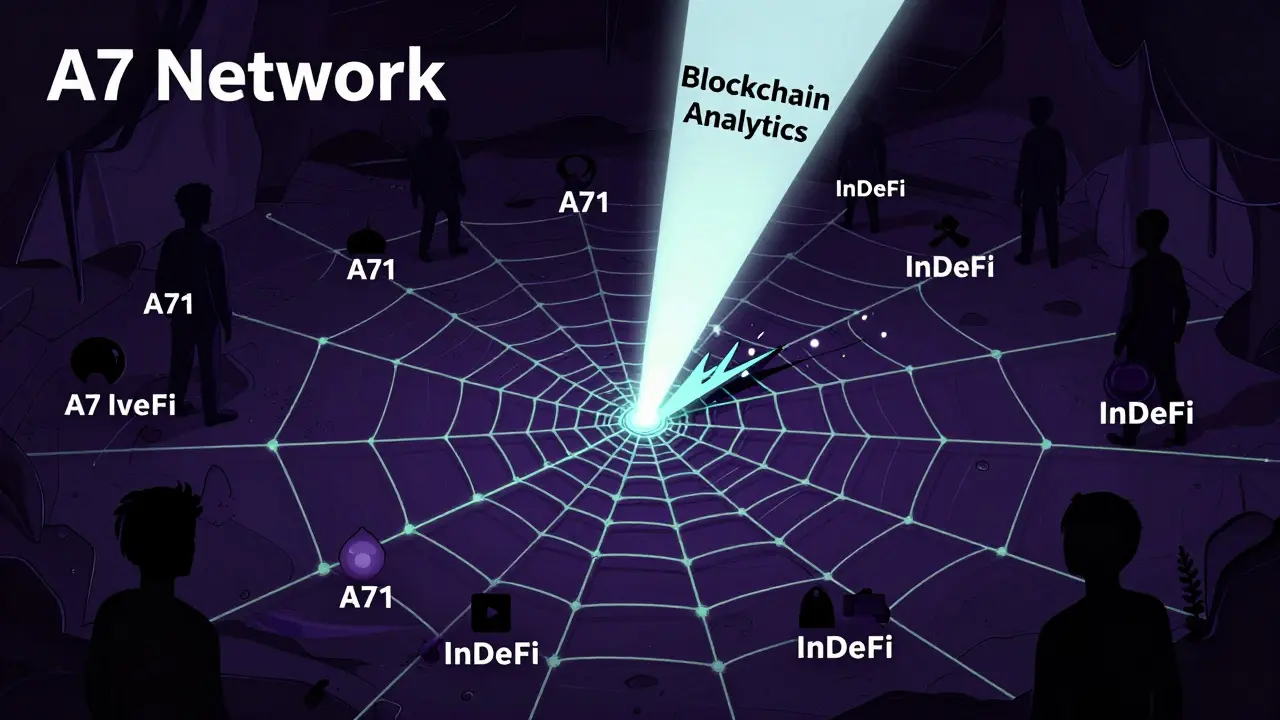 Conceptual cartoon of blockchain analytics exposing the hidden A7 crypto network