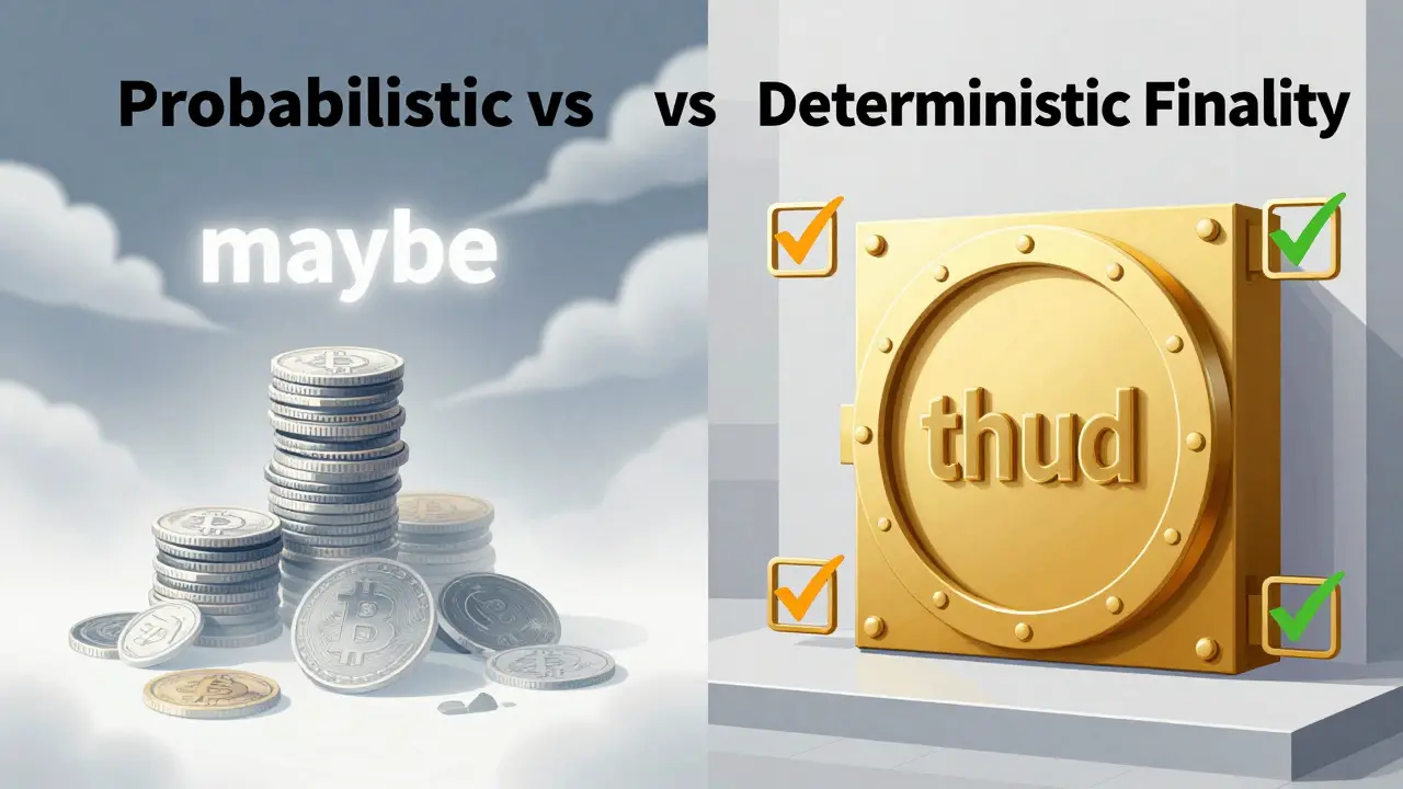 Contrast between shaky probabilistic blocks and solid deterministic finality vault.