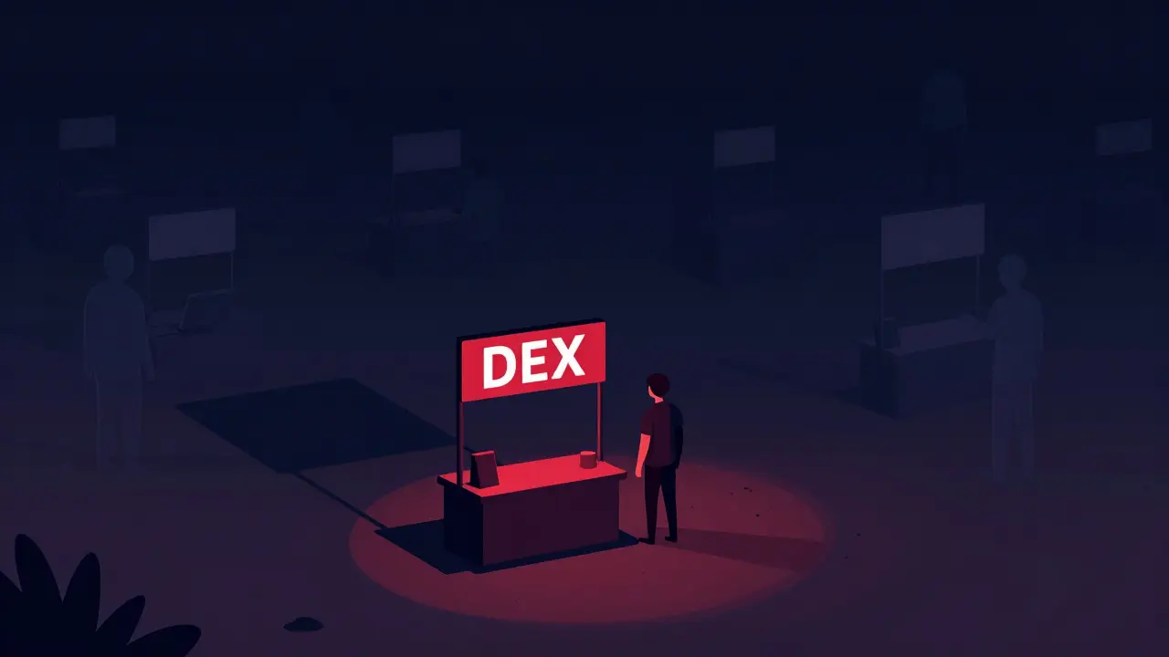 Dark editorial illustration of lonely trader at empty decentralized exchange stall symbolizing low liquidity.