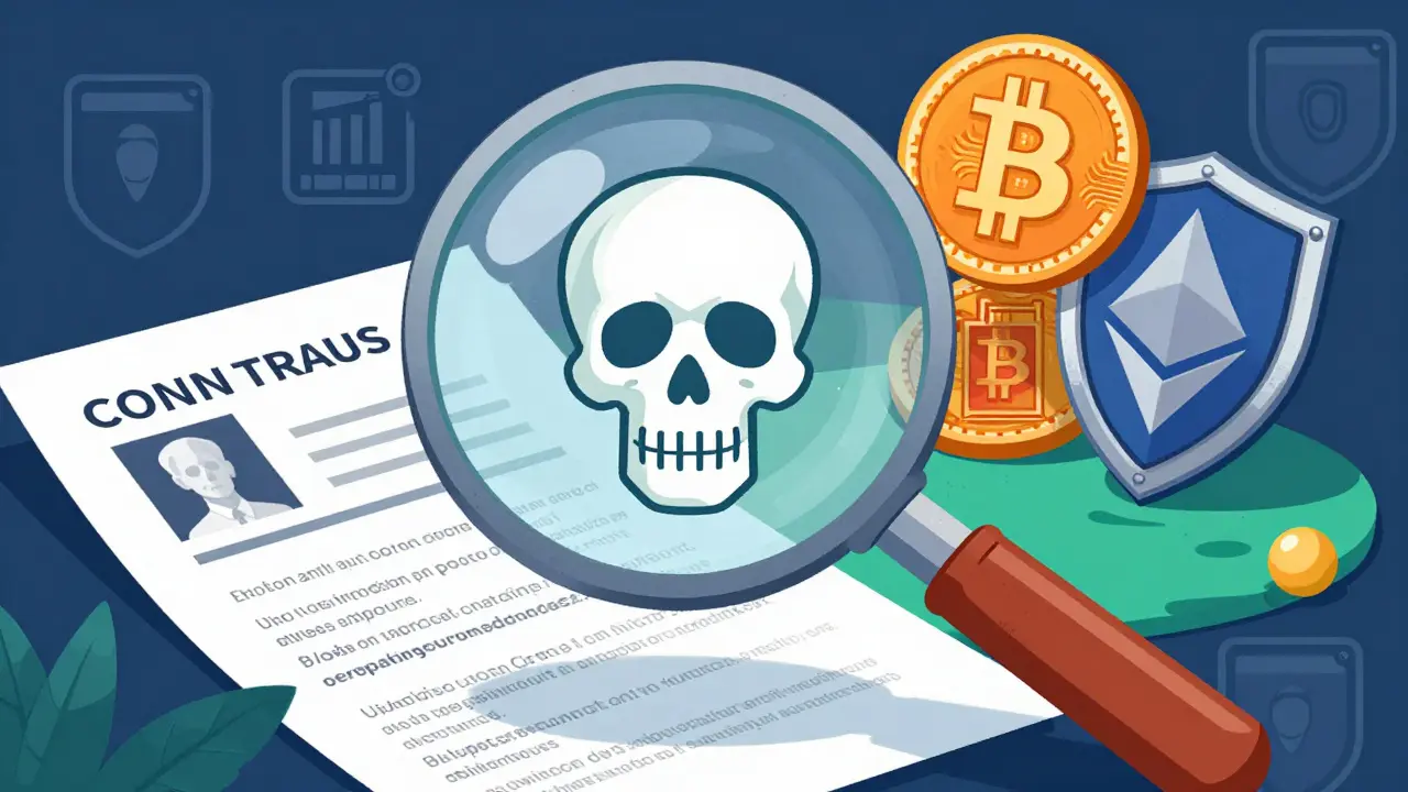 Detective magnifying glass revealing hidden risks in crypto contract addresses