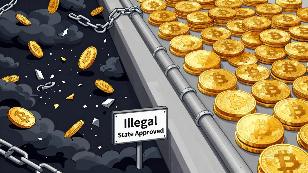 Editorial art contrasting banned crypto chaos with ordered digital yuan flow
