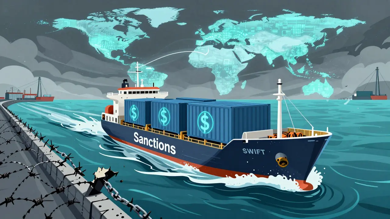 Editorial art illustrating Russian companies using crypto for international trade to bypass financial sanctions.