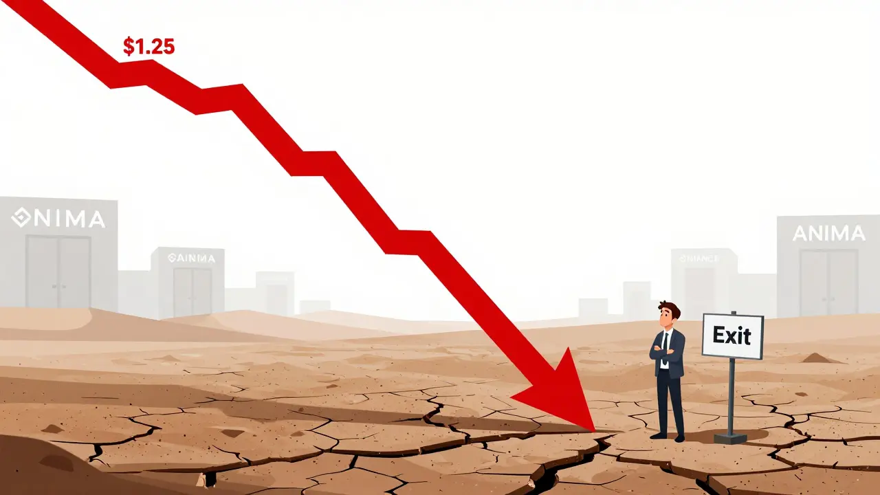Editorial cartoon of a plummeting price chart leading to a dry desert, symbolizing ANIMA's liquidity crisis.