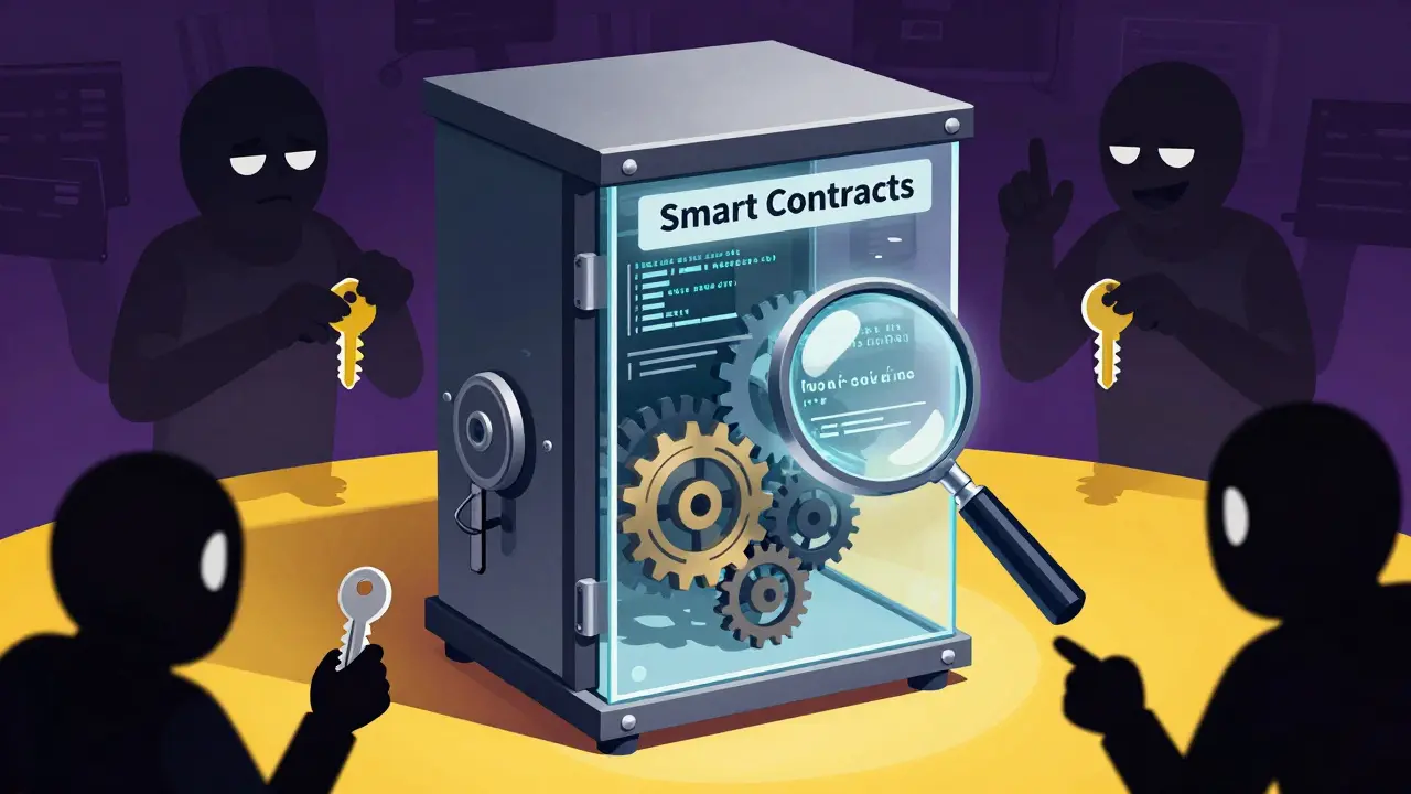 Editorial cartoon showing smart contract transparency versus scam threats lurking nearby