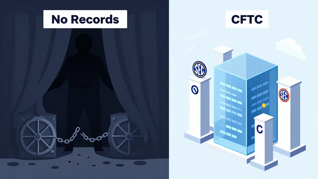 Editorial cartoon showing unregulated vs regulated crypto exchanges