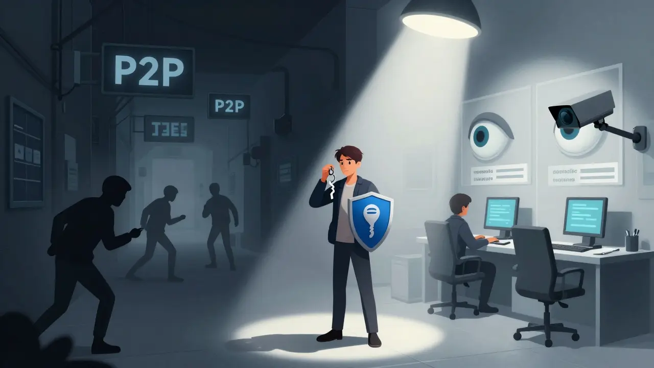 Editorial illustration depicting trade-offs between fraud and surveillance