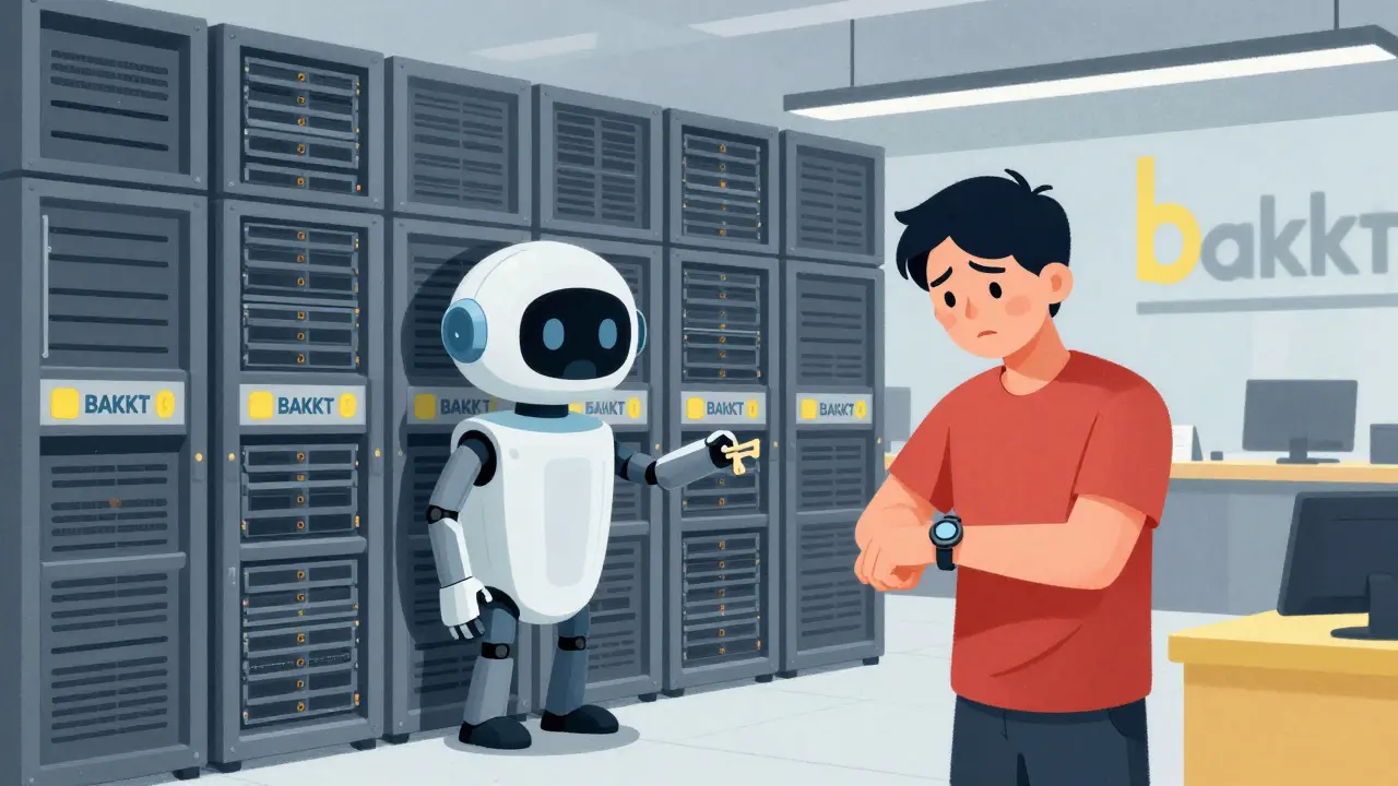 Frustrated user facing a secure server wall with an unhelpful chatbot robot.