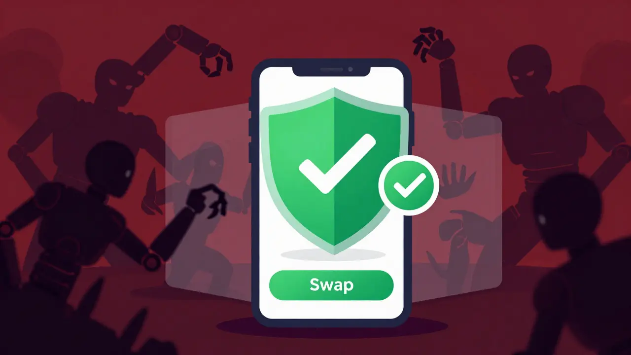 Graphic showing anti-MEV shield protecting users from bot manipulation