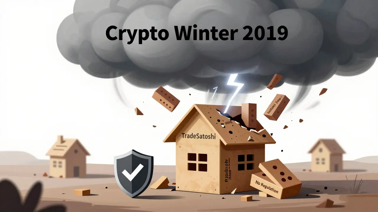 House of cards collapsing under crypto winter storm clouds.
