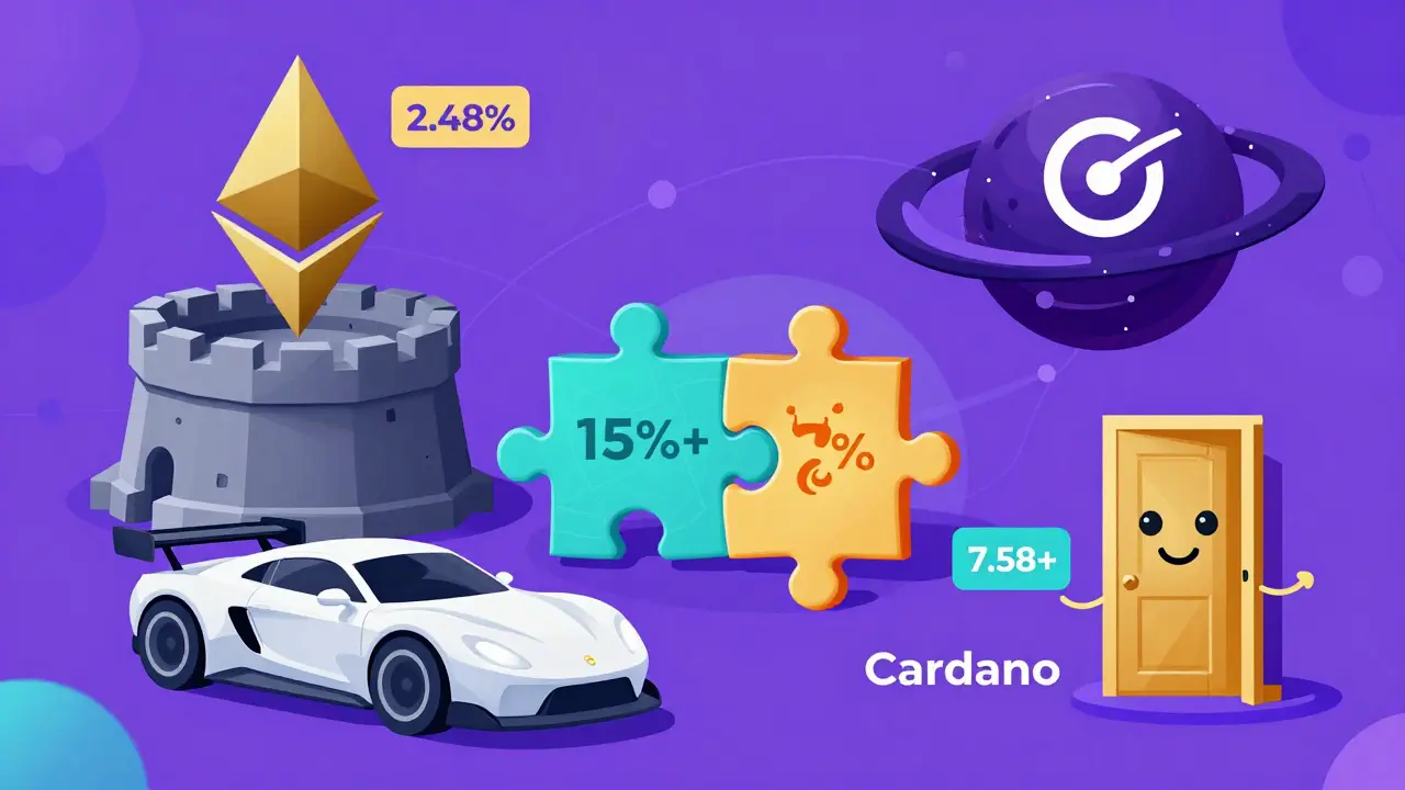 Illustration comparing crypto coins as characters with different yields