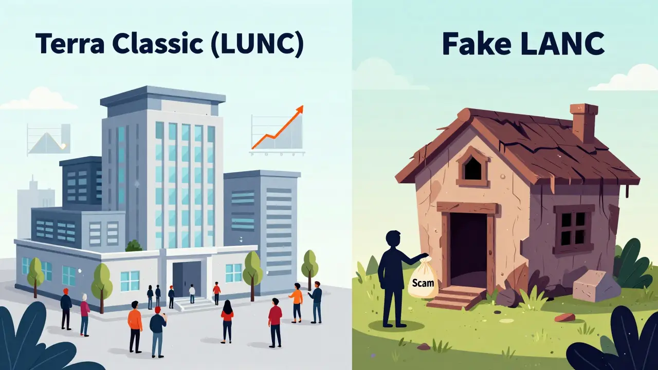 Illustration comparing legitimate Terra Classic asset vs fake LANC scam token