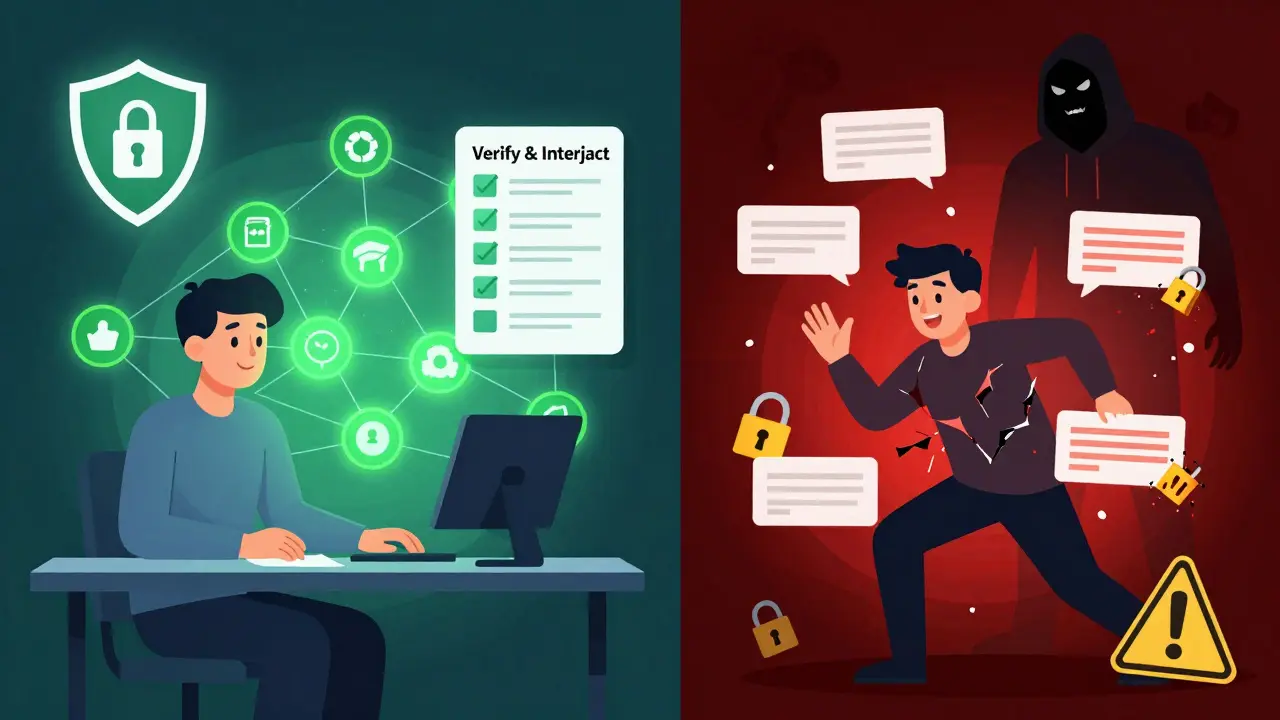 Illustration contrasting safe crypto wallet verification with dangerous scam pop-ups and hackers.
