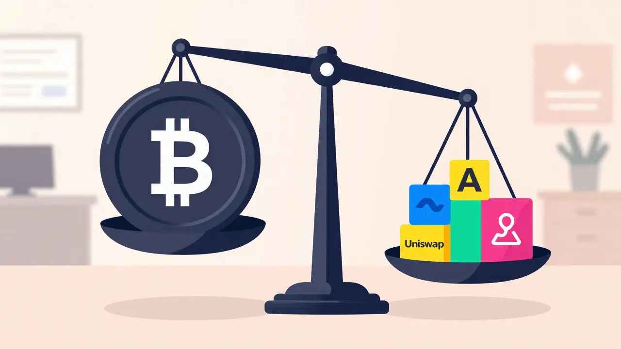 Illustration of a balance scale comparing crypto exchange liquidity and multi-chain features