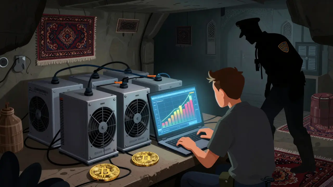 Illustration of an underground crypto miner in Iran hiding equipment to earn Bitcoin as an inflation hedge.