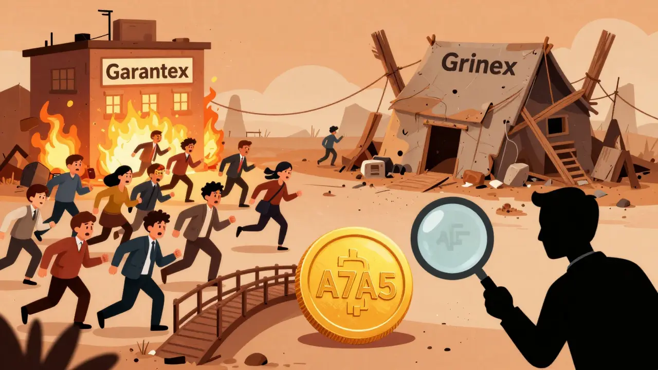 Illustration of crypto users migrating from Garantex to the unstable Grinex exchange