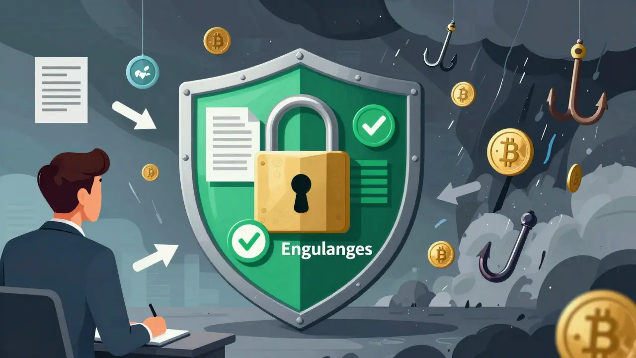 Illustration of digital shield protecting investor from crypto scams