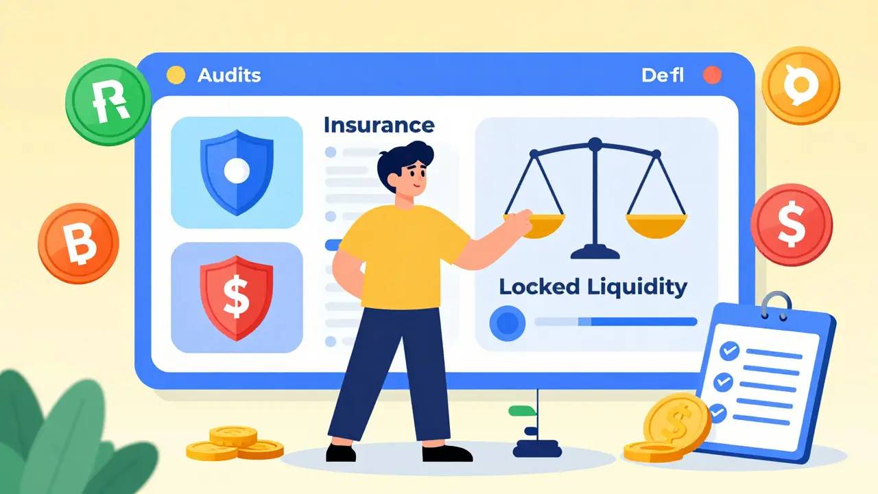 Illustration of user managing DeFi risks with audits and insurance