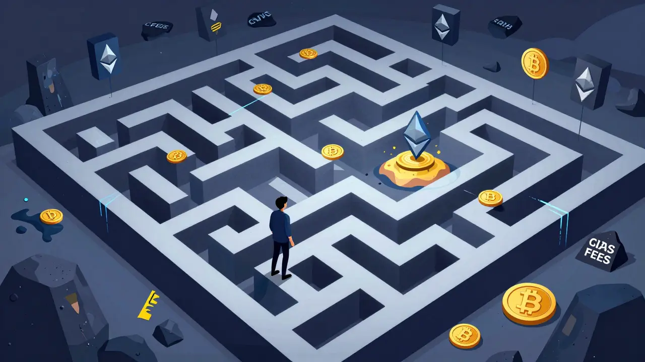 Illustration of user navigating complex DeFi maze for CWS token
