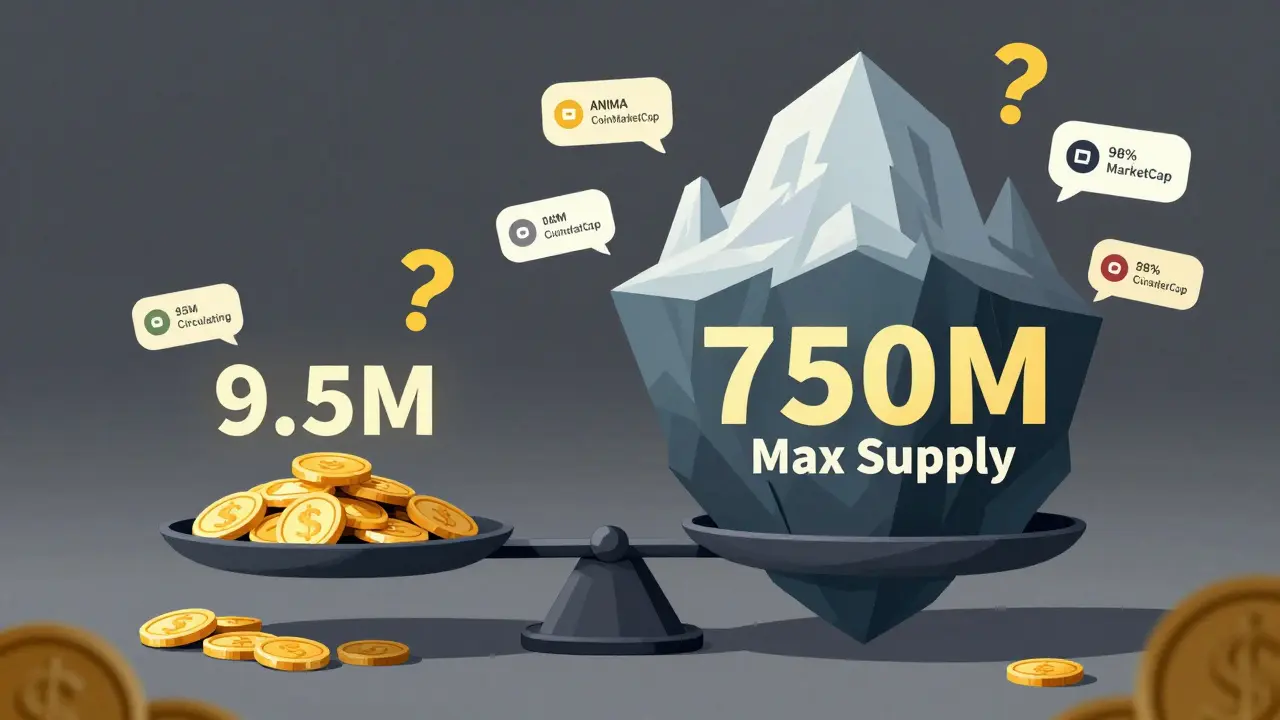 Illustration showing small circulating supply vs massive max supply iceberg highlighting ANIMA inflation risk.