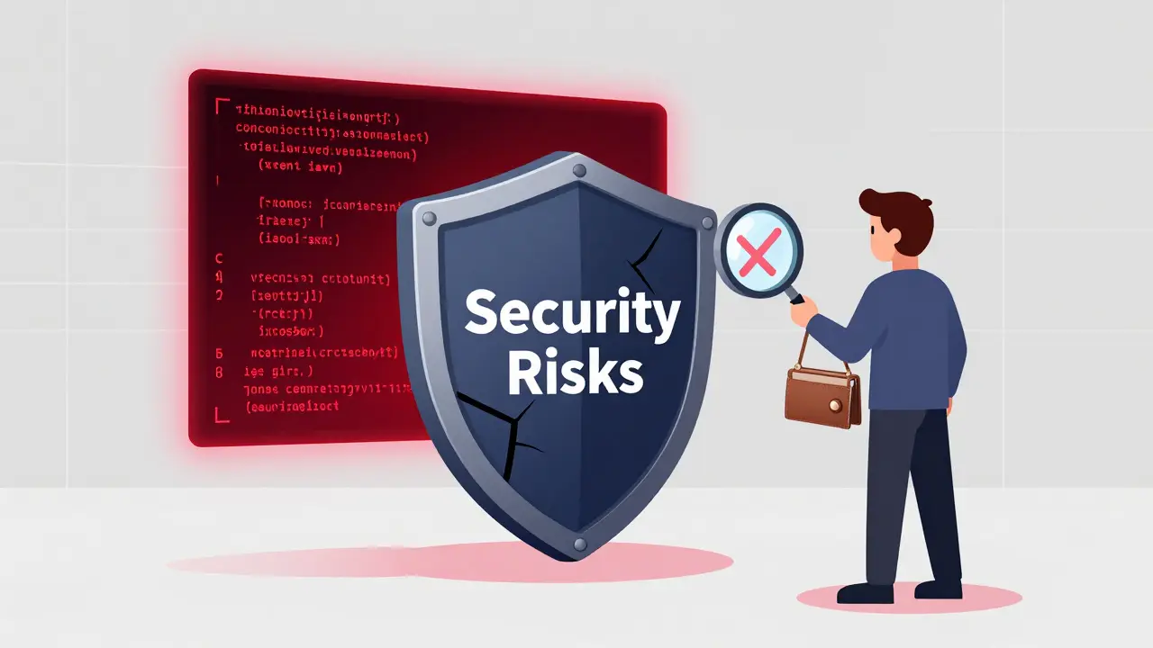 Illustration warning about security risks and lack of audits on PinkSwap.