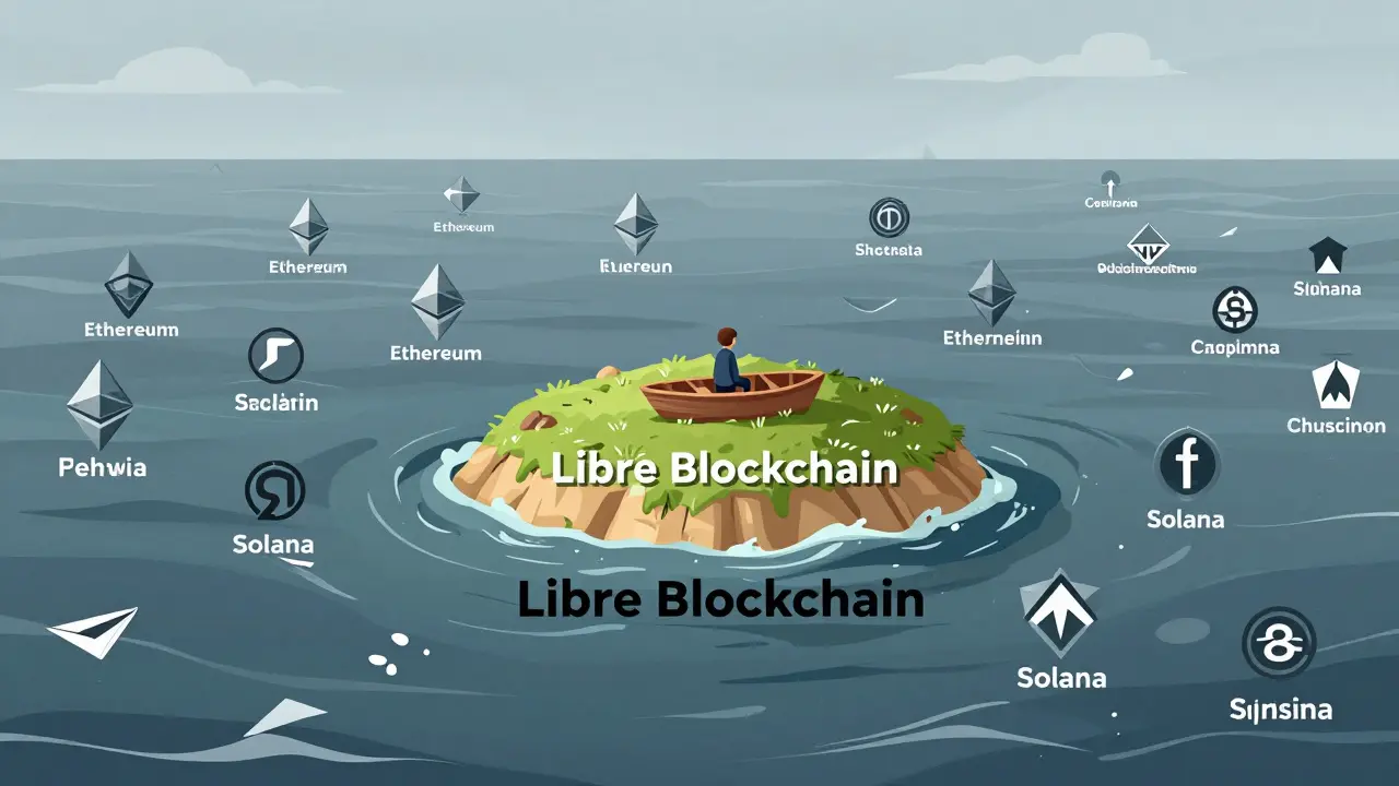 Isolated blockchain island trapped in an ocean, symbolizing limited cross-chain interoperability.