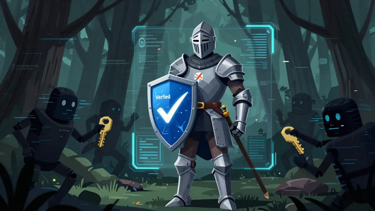 Knight protecting against scams with verified shield in cartoon style