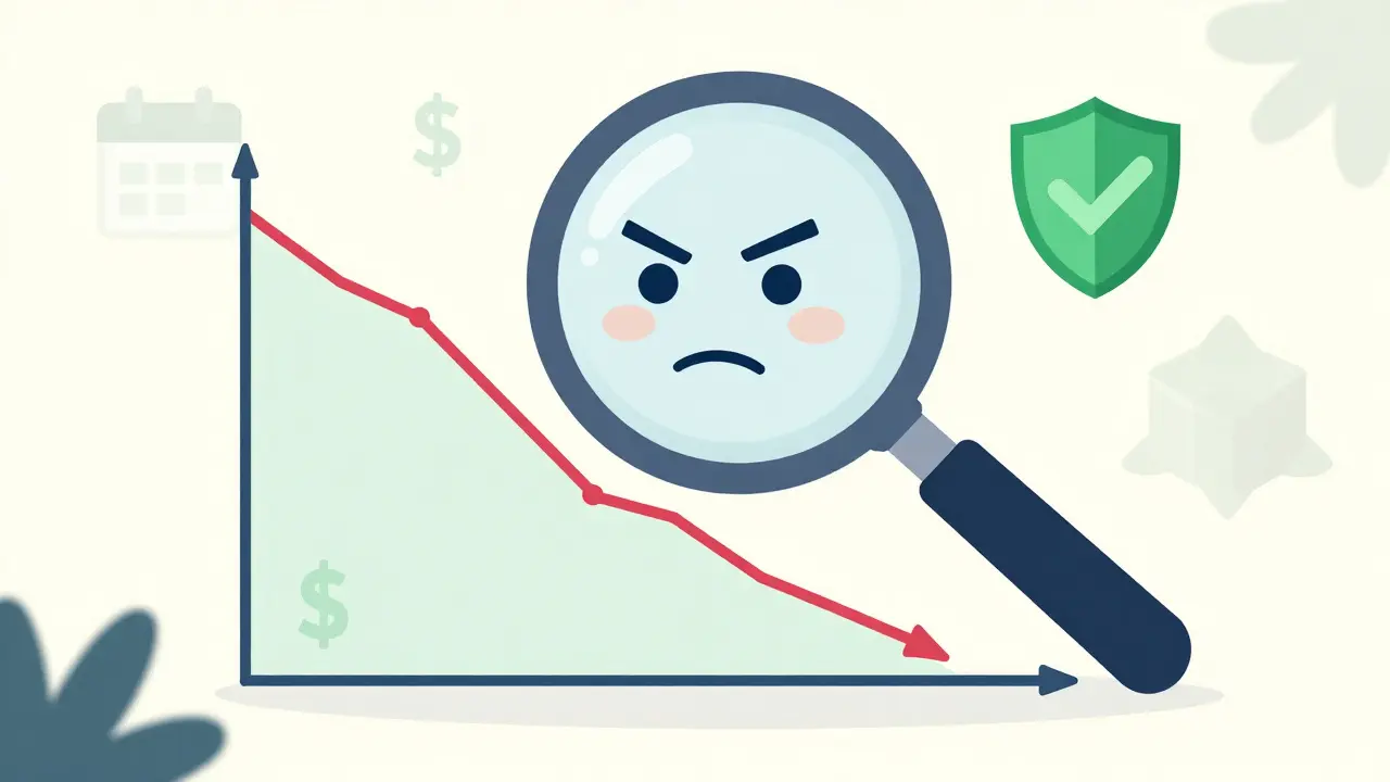 Magnifying glass inspecting a crypto price chart with a security shield icon.