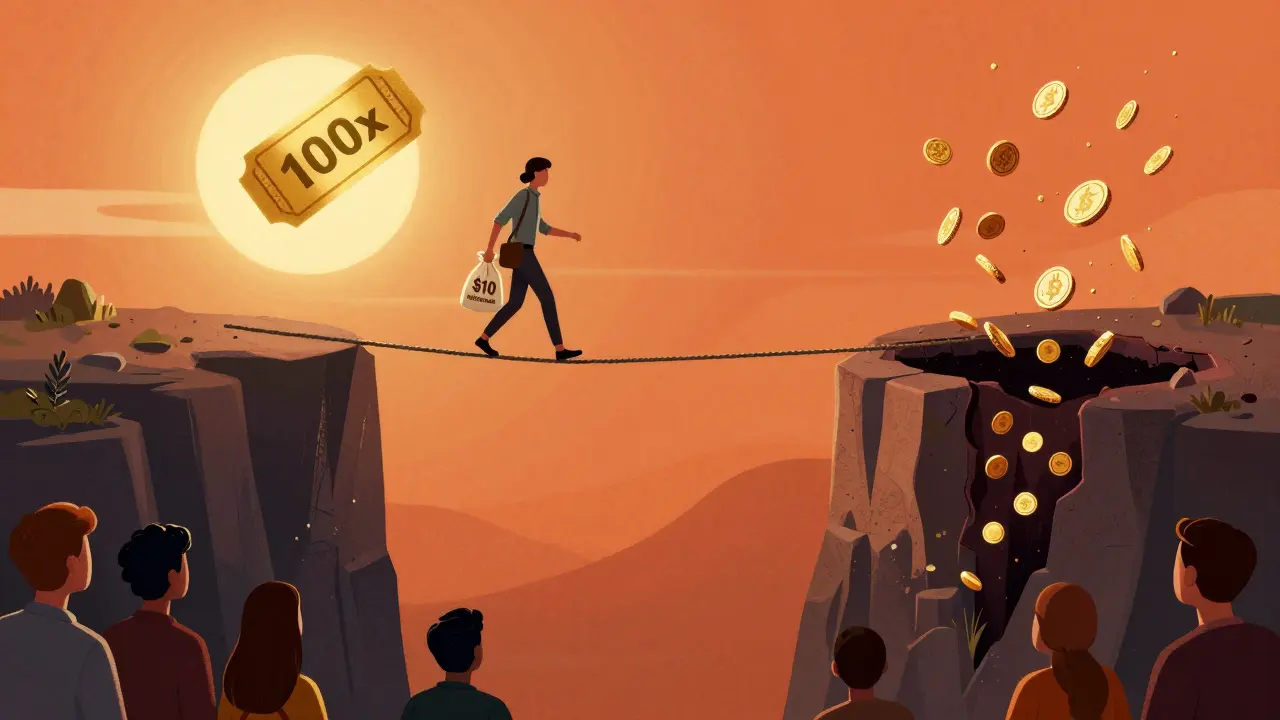 Metaphor of tightrope walking representing high-risk crypto investments