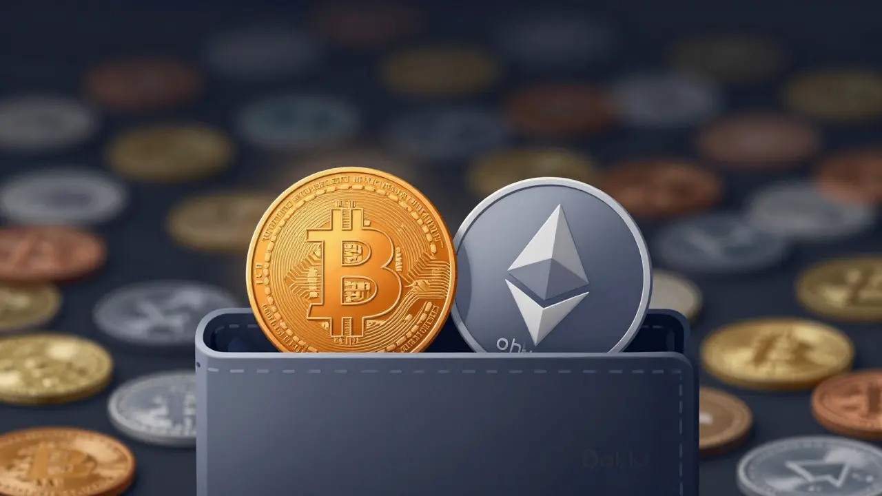Minimalist wallet holding only Bitcoin and Ethereum coins against a backdrop of faded altcoins.