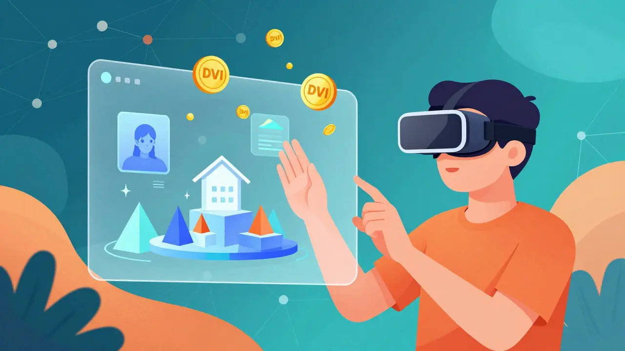 Person in VR headset interacting with floating digital assets and gold tokens.