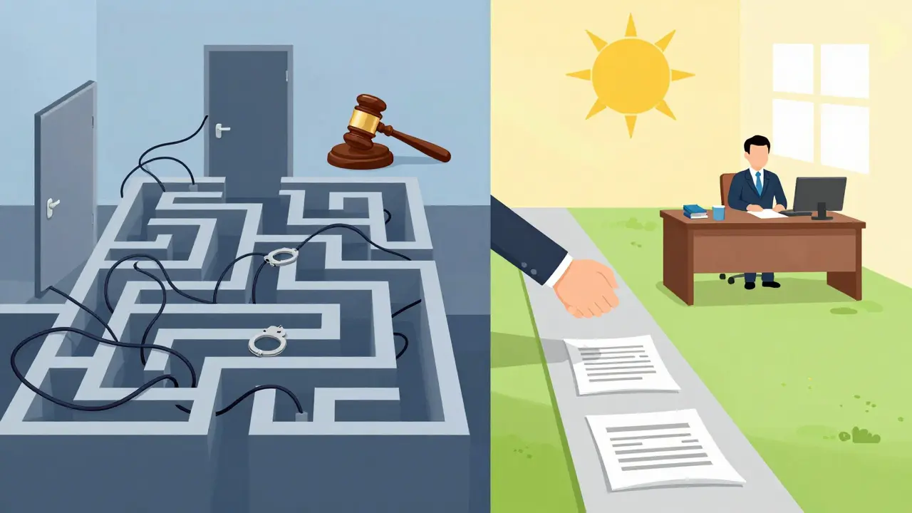 Split illustration contrasting a chaotic maze of secrecy with a clear path to legal compliance.