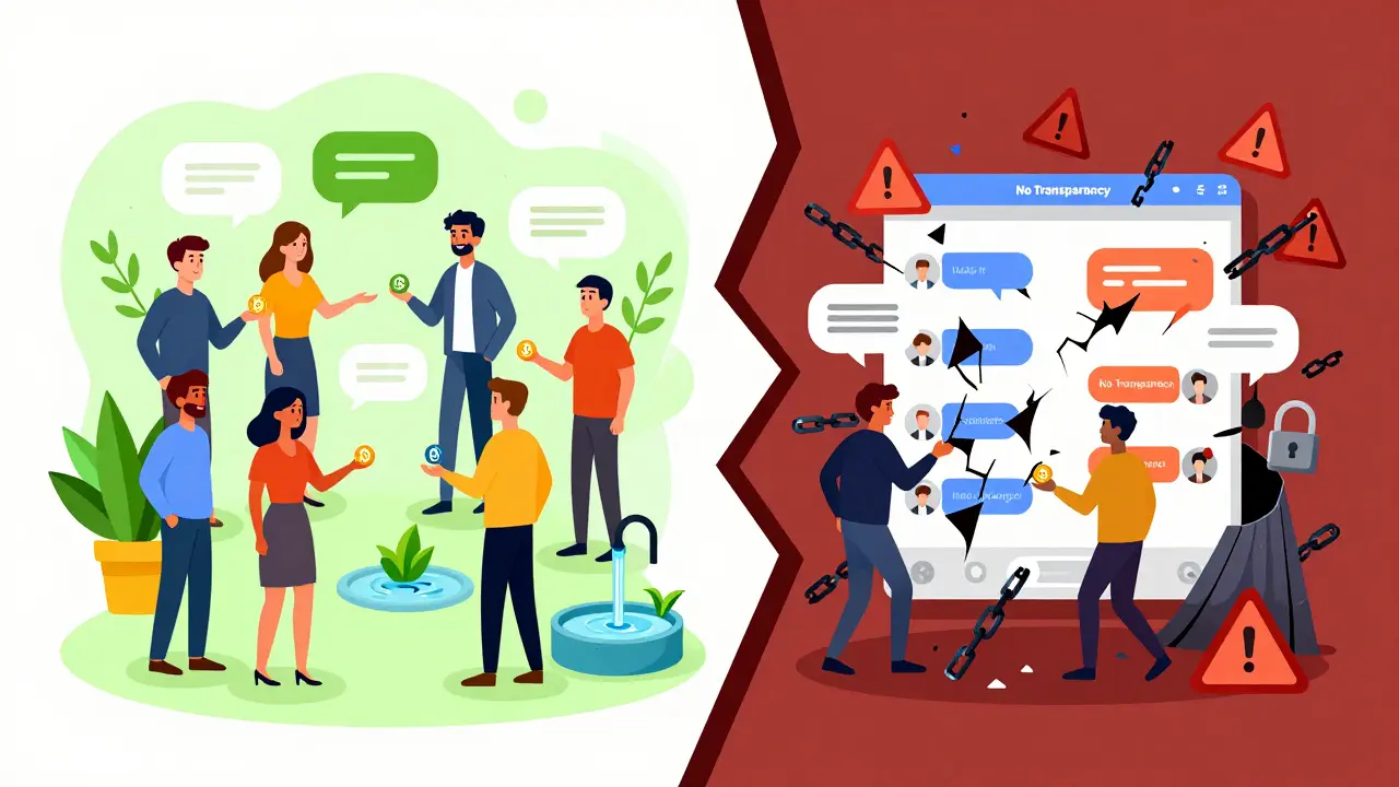 Split view of happy trading community turning into chaos.
