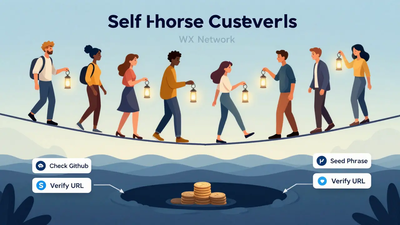 Users balancing on a tightrope holding seed phrase keys, symbolizing self-custody risk