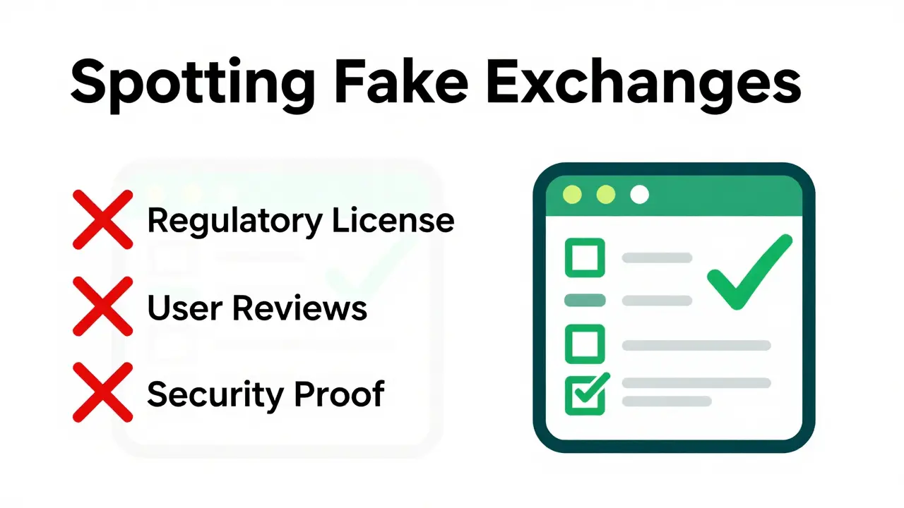 A conceptual illustration showing a safety checklist for evaluating crypto exchanges, highlighting the absence of key trust indicators on suspicious platforms versus their presence on reputable ones.