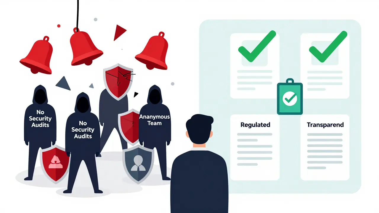 A split-screen editorial graphic illustrating the red flags of fraudulent cryptocurrency platforms, such as lack of security and anonymity, compared to the transparency of legitimate exchanges.