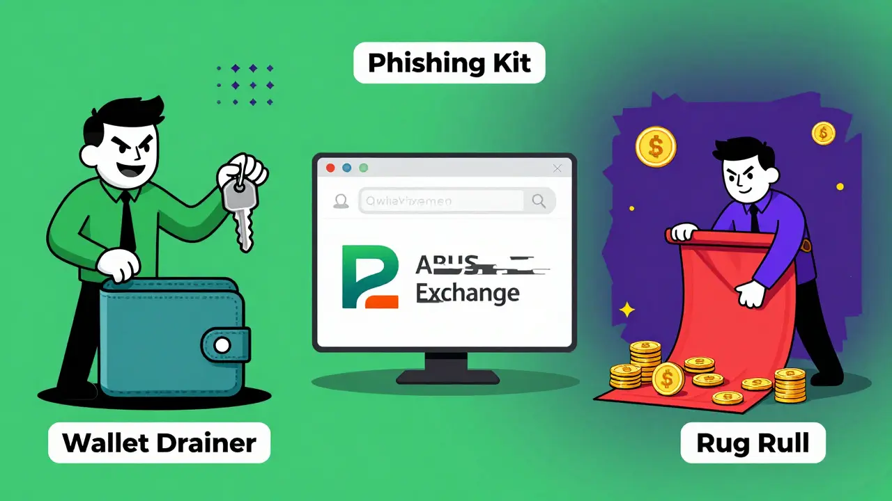 Cartoon depiction of wallet drainer, phishing site, and rug pull scams