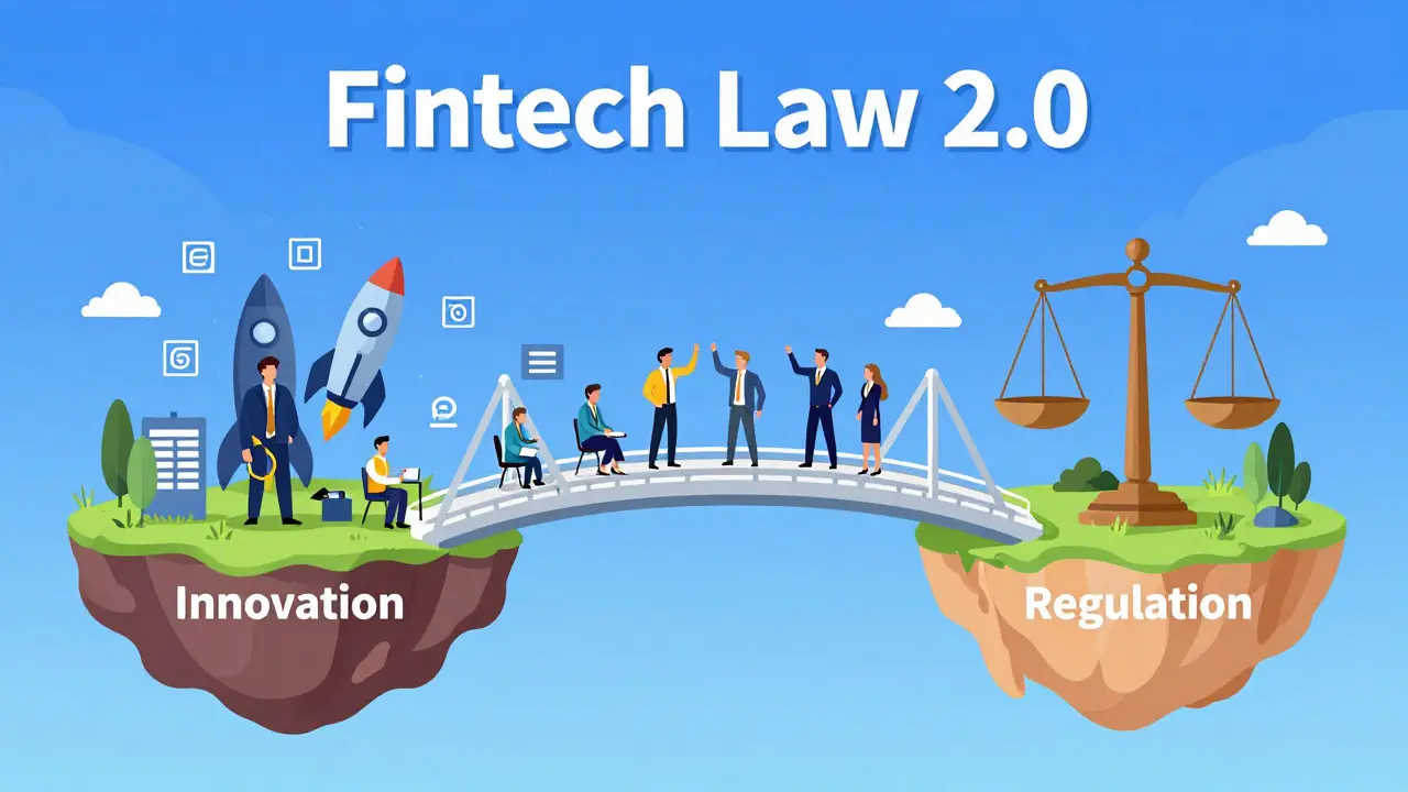 Cartoon of a bridge connecting innovation and regulation, symbolizing the proposed Fintech Law 2.0 updates.