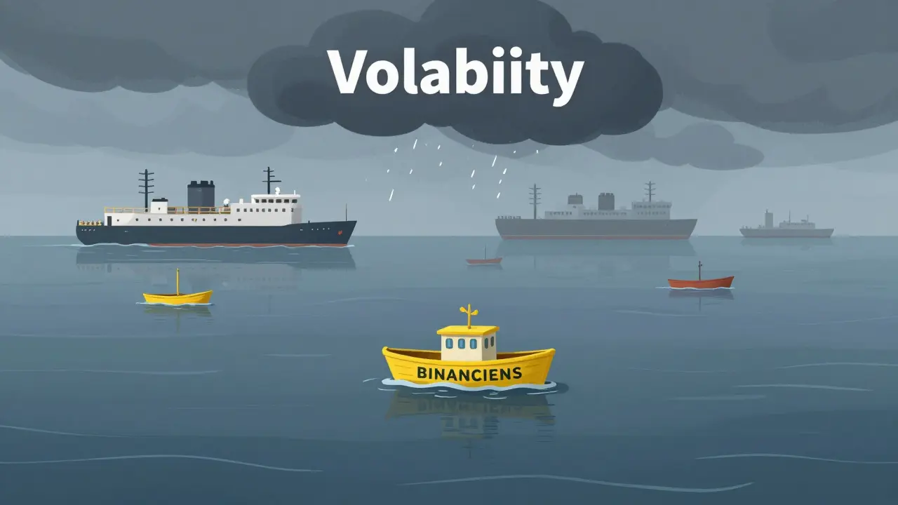Cartoon of a small boat on a quiet sea, representing low liquidity and high risk.
