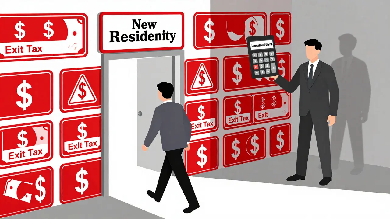 Cartoon showing exit tax barrier blocking someone from changing residency