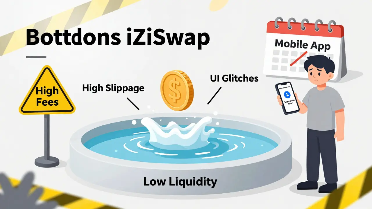 Cartoon showing low liquidity pool, high slippage, and UI errors on iZiSwap