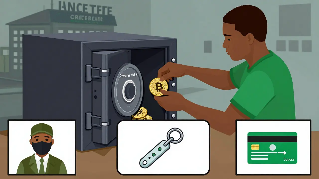 Cartoon showing secure crypto storage and avoiding scams