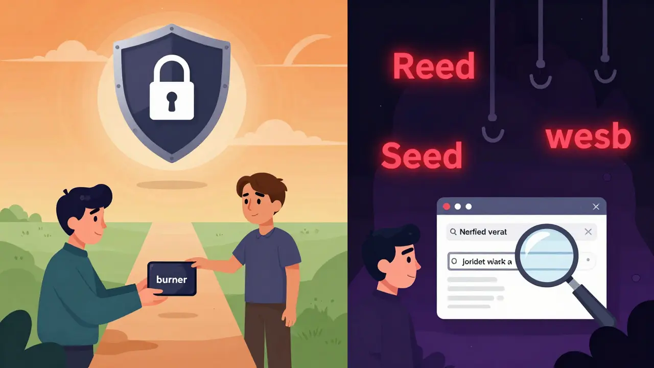 Cartoon warning about phishing scams and burner wallets for secure claiming