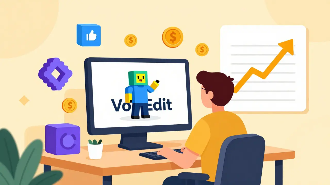 Character creating voxel art assets using digital tools to earn SAND tokens